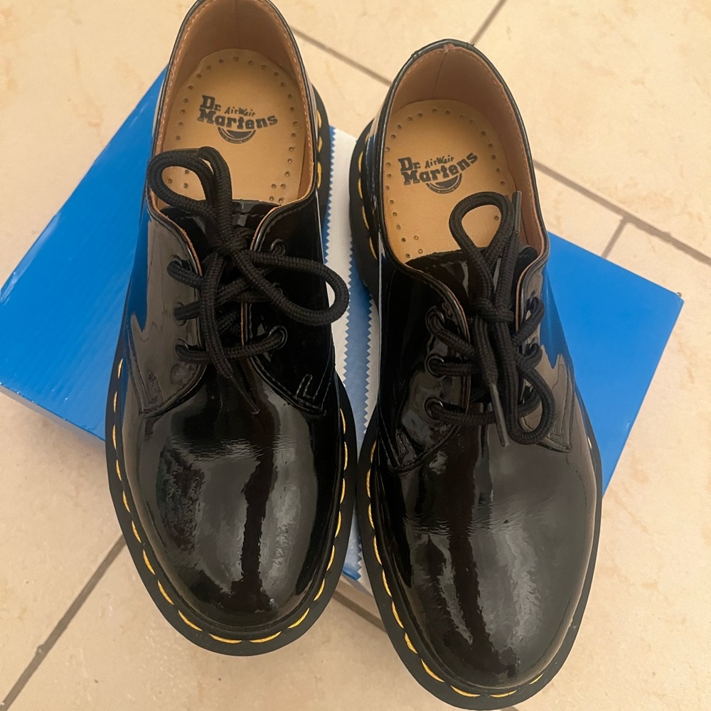 Dr. Martens Shiny Black Shoes with Yellow Stitching